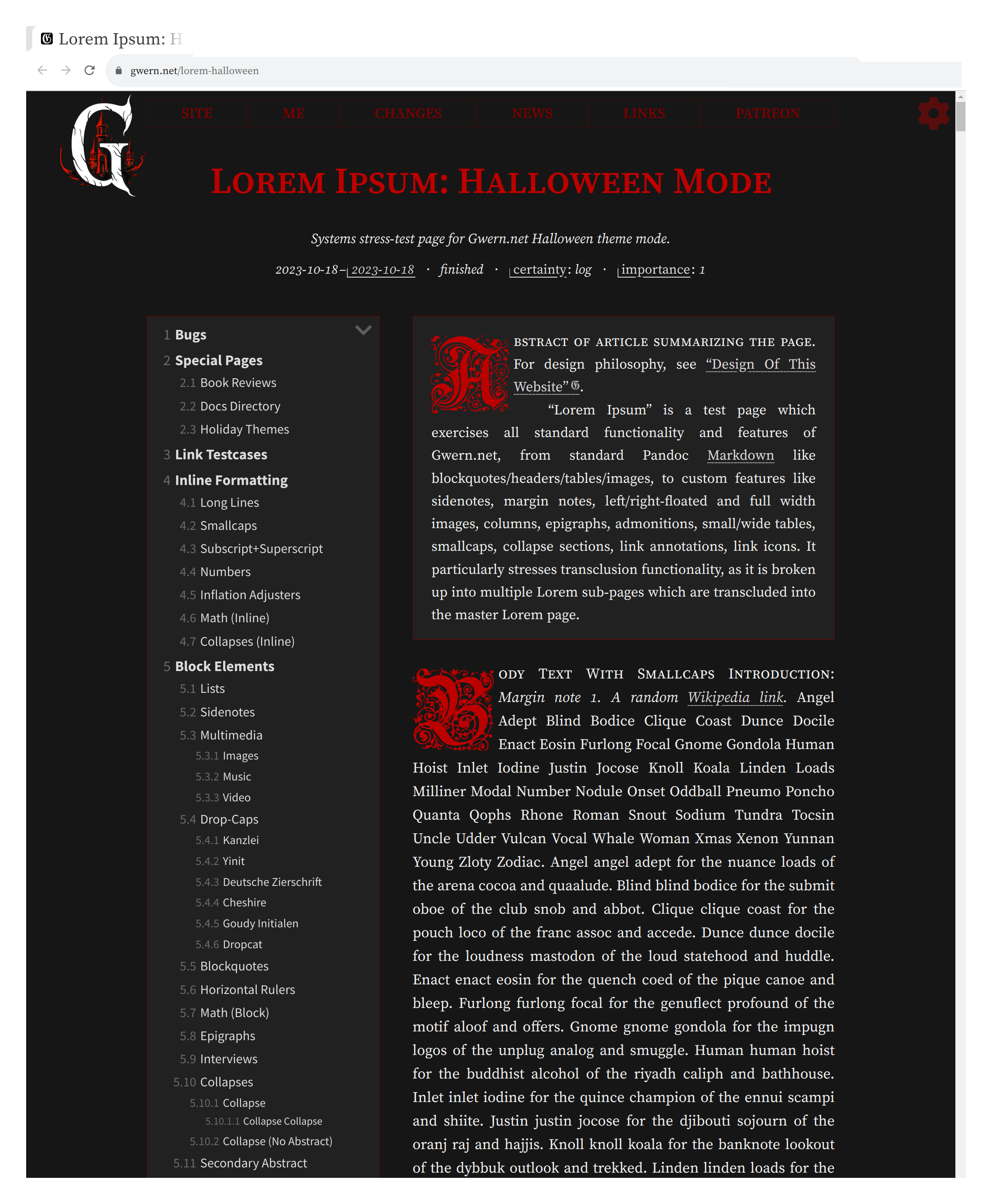 Screenshot of the website Gwern.net's Halloween/vampire mode as of October 2023: red rubricated edges, auto-dark-mode, and an eerie castle logo generated by Midjourney v5. Intended appearance screenshot.