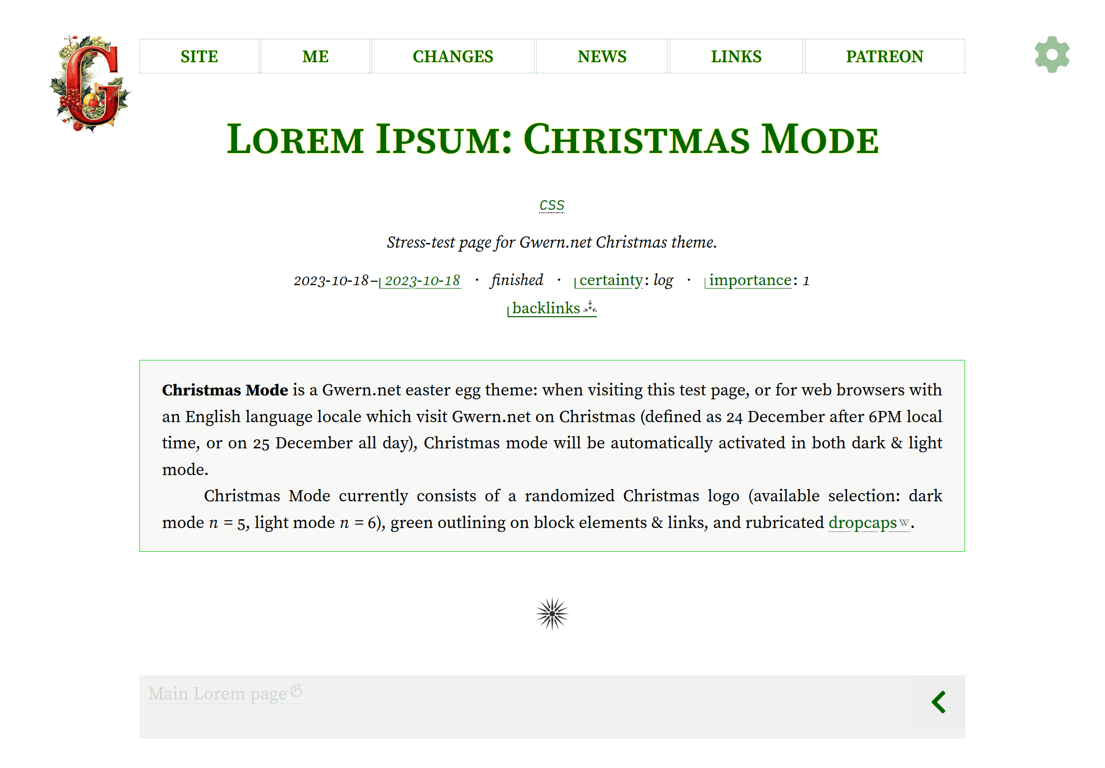 Screenshot of the website Gwern.net's Christmas mode as of September 2024: red/green coloring, and randomized Christmas logos generated by Midjourney. Intended appearance screenshot.