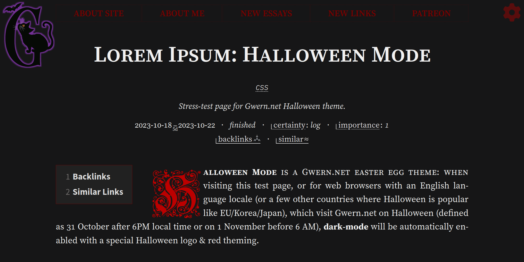 Screenshot of the website Gwern.net's Halloween/vampire mode as of October 2024, showing up one of the new black cat logo dropcaps generated using Midjourney v6. 2024 logo example.
