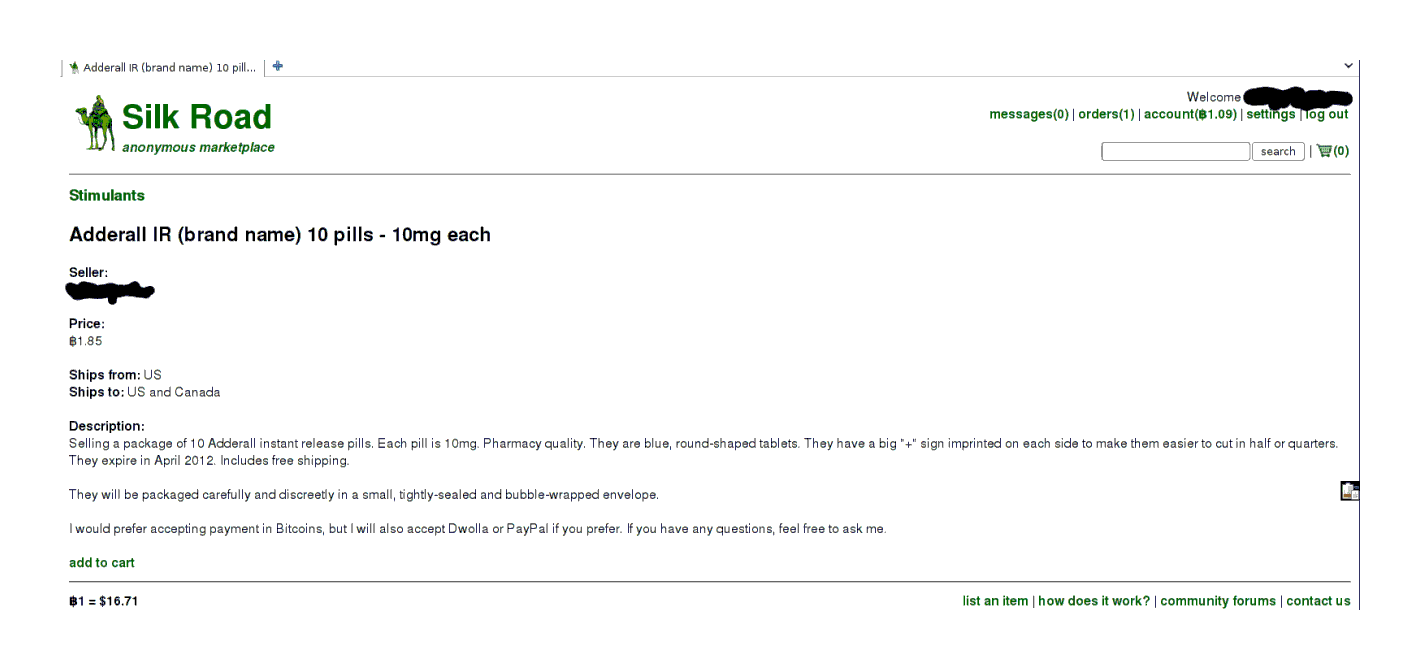Adderall item listing