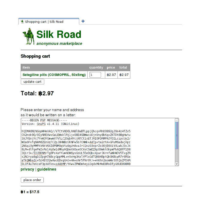 Selegiline shopping cart: with the encrypted address to send the selegiline to
