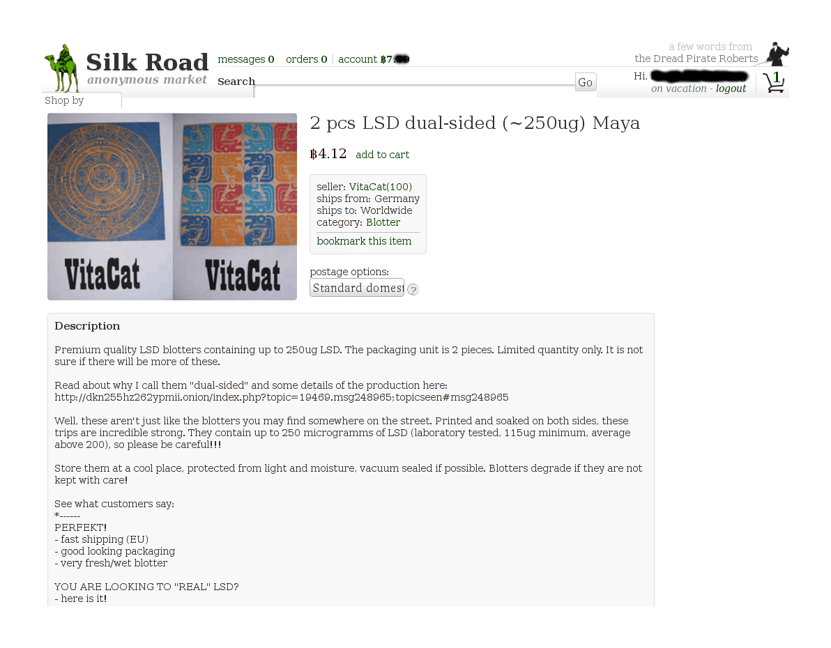 VitaCat’s 250μg LSD blotter listing