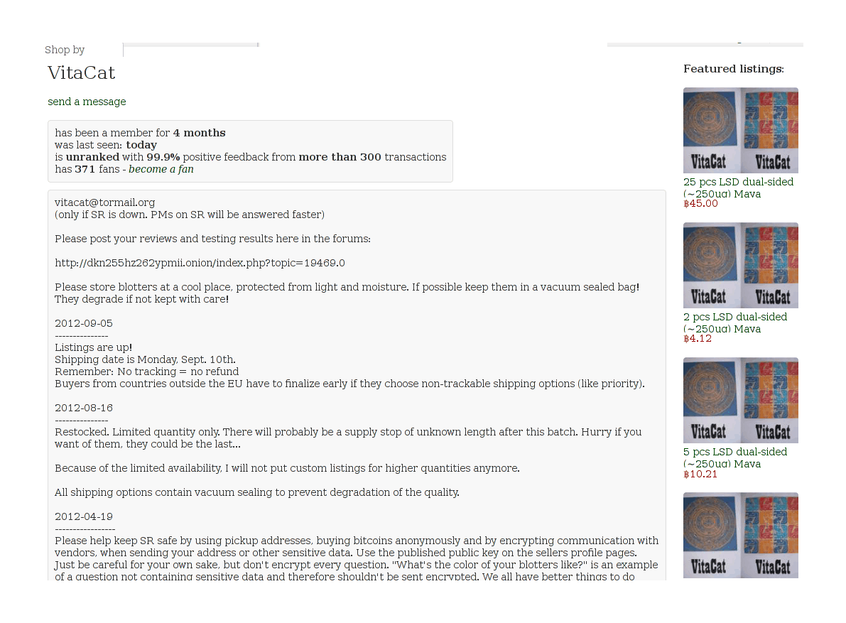 Homepage of the VitaCat LSD seller on Silk Road