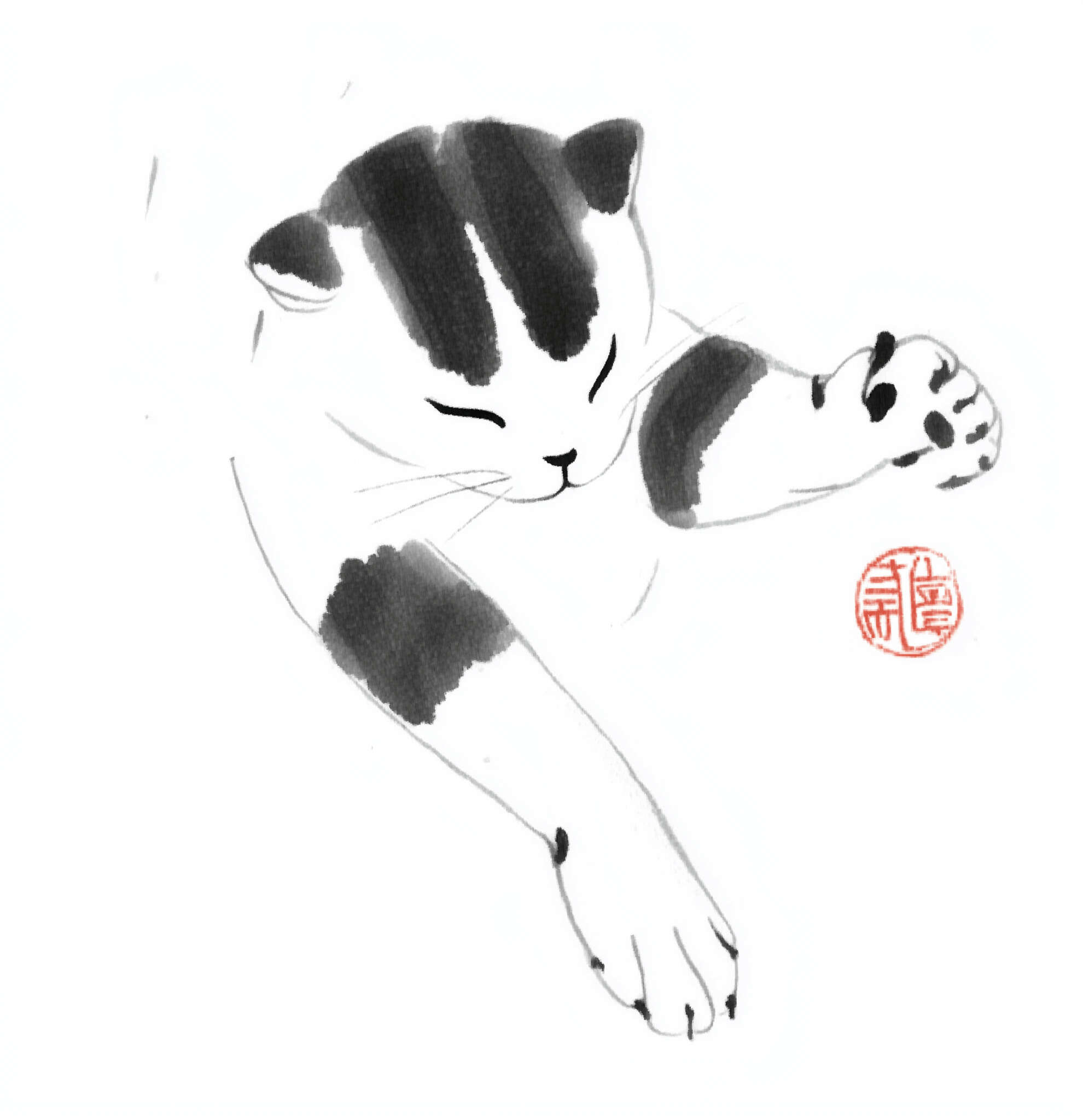 Gwern 2025 Minimalist Japanese sumi-e ink illustration of a white cat with dark gray/black patches, on a plain white background. Cat viewed from above, body angled diagonally, eyes gently closed, one front paw stretched forward as if batting, the other extended down; soft ink washes for the patches, very light sketch lines for the rest, black claws and nose, with a small circular red artist seal stamp near the outstretched paw, no other background elements. (Generated by Gwern Branwen on 2025-11-29 using Midjourney v6 as thematic accompaniment to the poem ‘Your Hands And Mine’; cf. </cat-horror>.)