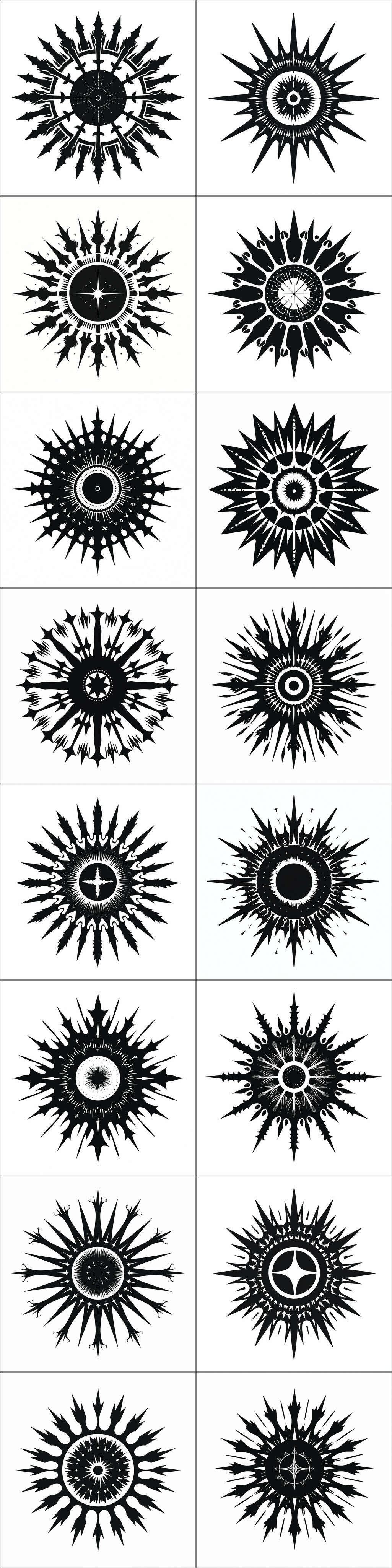 16 ‘black sun’ symmetrical starburst samples from a failed Gene Wolfe dropcap prompt.