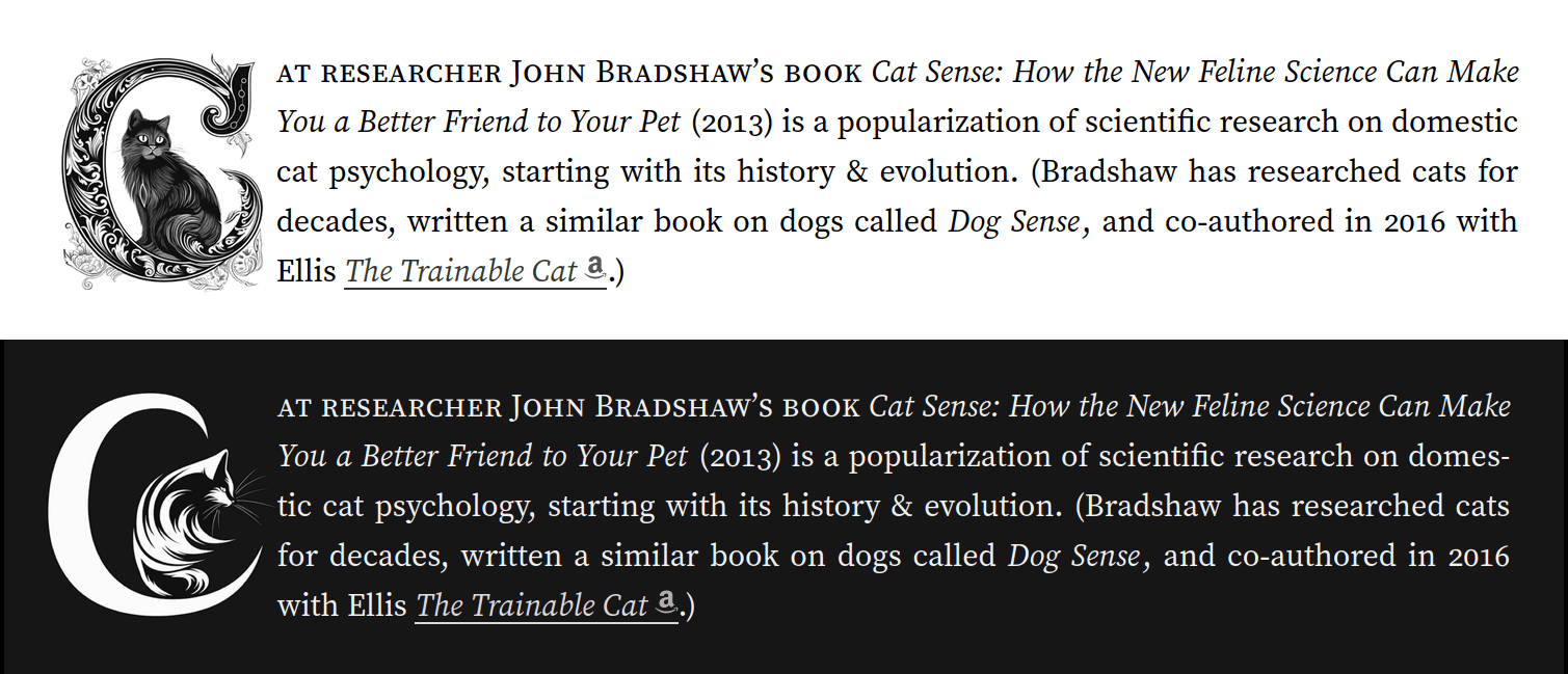 Gwern 2023 Demonstration of ‘C’ dropcat use in light (top) & dark (bottom) mode on a Gwern.net page.