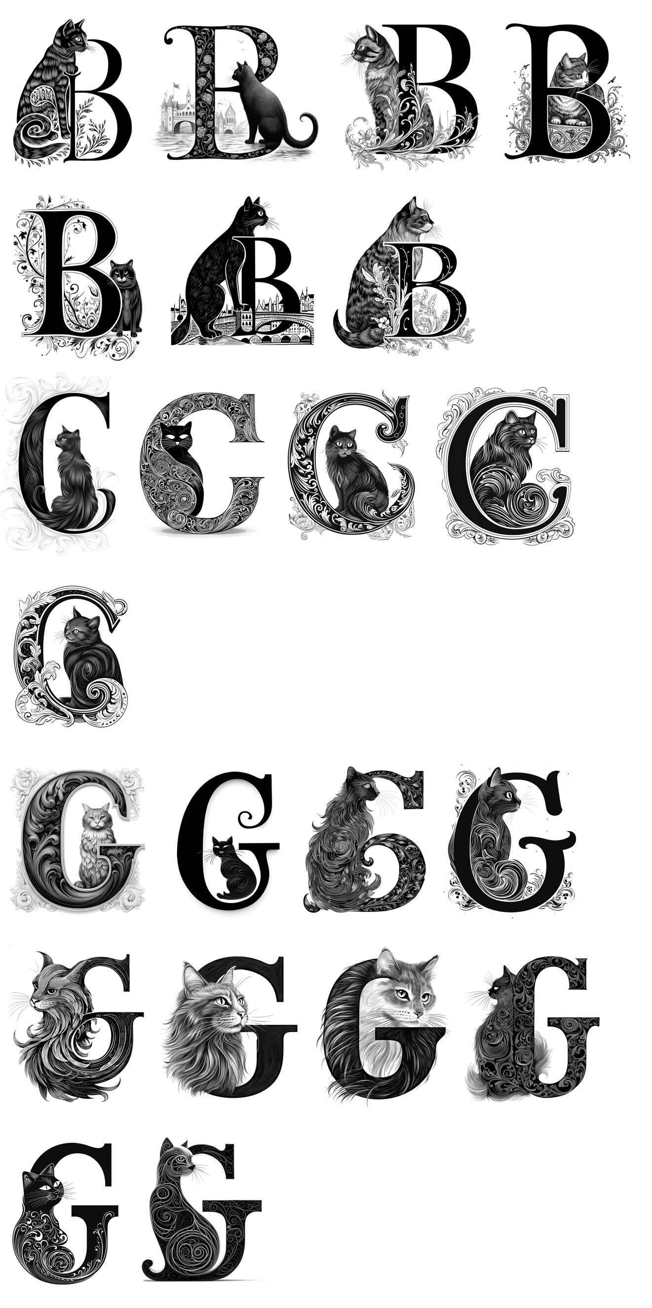 Light-mode dropcats in a grid, by letter-type (1: A–G).