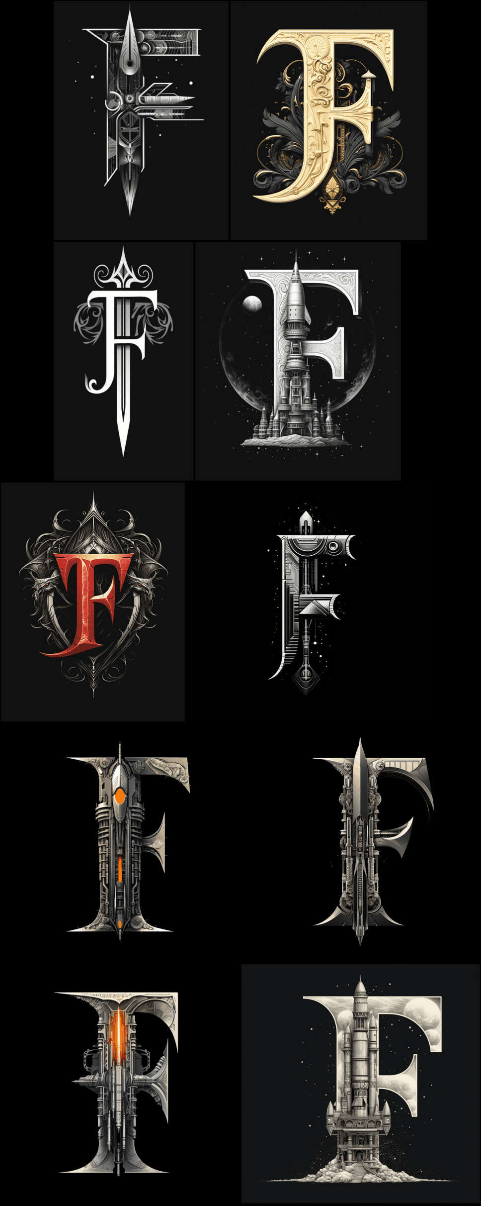 Gwern 2023 Gene Wolfe dropcaps in a grid, dark-mode, ‘F’