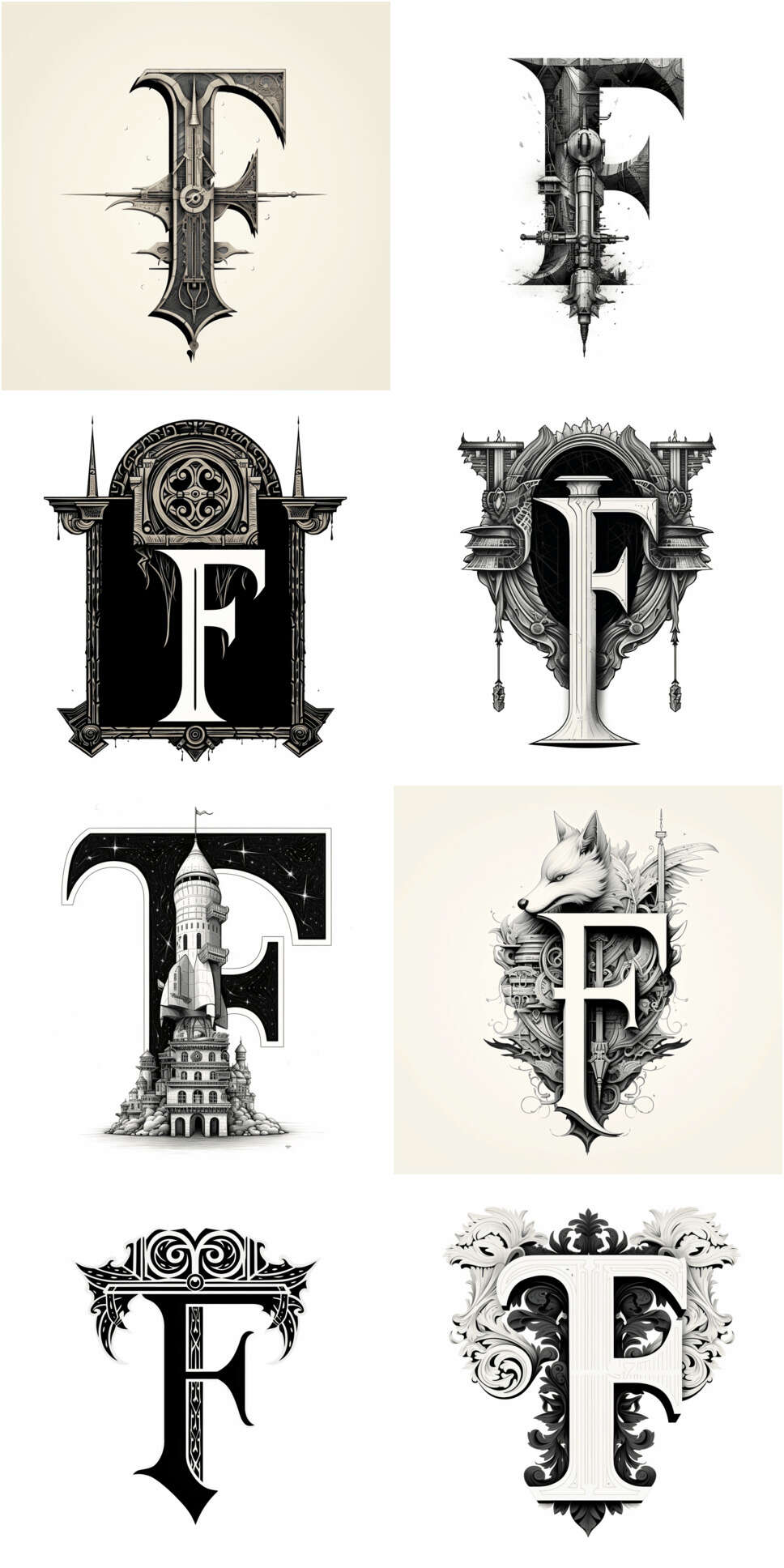 Gwern 2023b Gene Wolfe dropcaps in a grid, light-mode, ‘F’ (2)