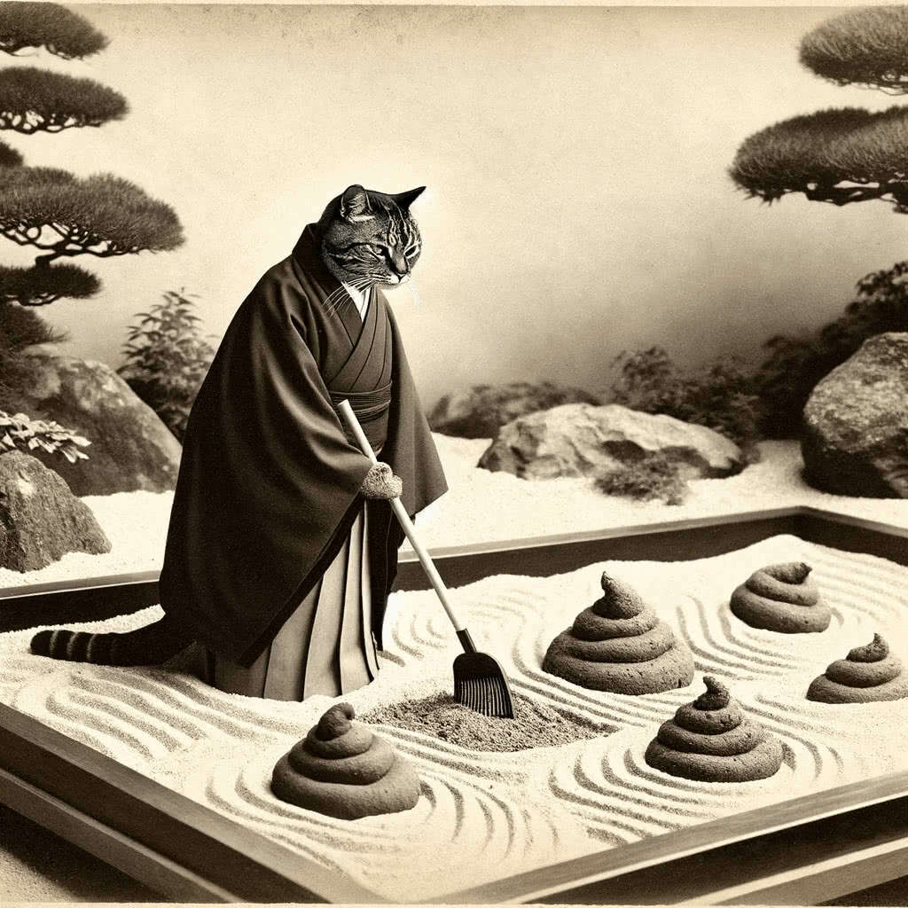 A Meiji-era monochrome photograph depicting an anthropomorphic cat dressed as a Zen monk in black robes, cleaning a Zen sand garden that doubles as a litter box. The image shows the garden with large cat feces (💩) in the sand, adding a humorous twist. The style of the photograph mimics the Meiji era, characterized by sepia tones, a grainy texture, and the classical composition typical of early Japanese photography, creating a vintage and historical feel. (Crated by Gwern Branwen with DALL·E 3 on 2024-01-09.) Contemplating the many possible varieties of Zen sand gardens.