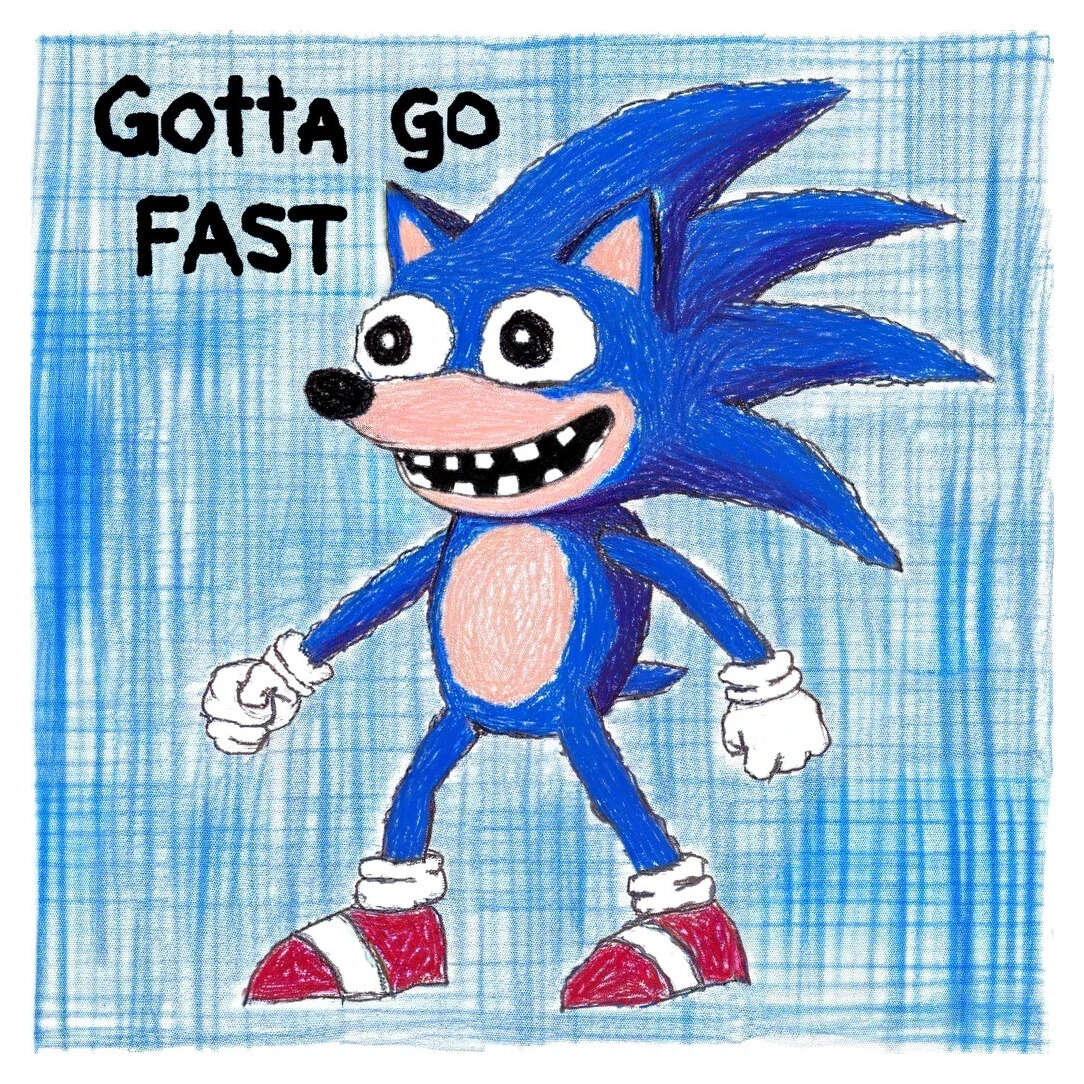 A crude crayon drawing by a kindergartener of the 'Sanic' meme character saying 'Gotta go fast'. Created by Gwern Branwen 2025-05-01 using DALL·E 3 to humorously illustrate a page on softwre optimization. You gotta go faster. No, faster! Faster! (Don’t ask why.)