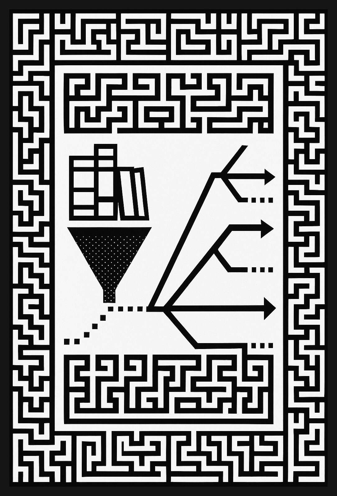 Black-and-white geometric artwork framed by a dense square Kufic maze. Inside, stacked rectangles flow through a funnel into a dotted line that splits into 3 arrows, symbolizing data distilled into predictive branches. A smaller maze below mirrors the border’s pattern, uniting sacred geometry with the logic of computation. Image concept by Gwern Branwen & GPT-5-pro; generated on 2025-10-18 as a response to the AI poem ‘For the End of Pre-Training’.