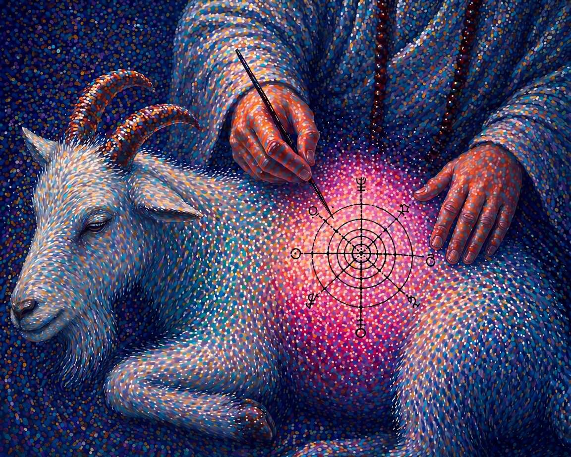 Purple–blue pointillist illustration (neo-impressionist style) generated with ChatGPT Images-2.0 and Google Nano Banana Pro on 2026-04-22 for ‘The City of Counted Stars’: a robed figure carefully inks a circular astrological chart onto the flank of a resting white goat. The image uses dense, pastel dot patterns and high-contrast color fields, with the chart and hands as the central focal point. The animal’s body dissolves into a field of colored points—like a sky broken into trades and temperaments—while the black geometry of the chart imposes a single, legible order across it. In this city, the heavens may determine all things, but their knowledge must not enter a life. Here, even the stars are permitted to speak only where they cannot be obeyed.