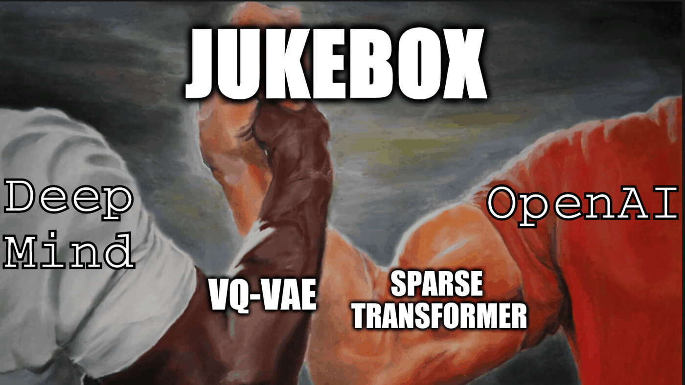 AI meme using the 'clasped arm'/black-white-arm meme template: the combination of rival research labs OpenAI & DeepMind's technologies, Sparse Transformers and VQ-VAE respectively, are combined to create the awesome Jukebox music-generation algorithm (a hierarchy of Sparse Transformers structured as a VQ-VAE). The technology combination of OA’s Jukebox music generating NN.