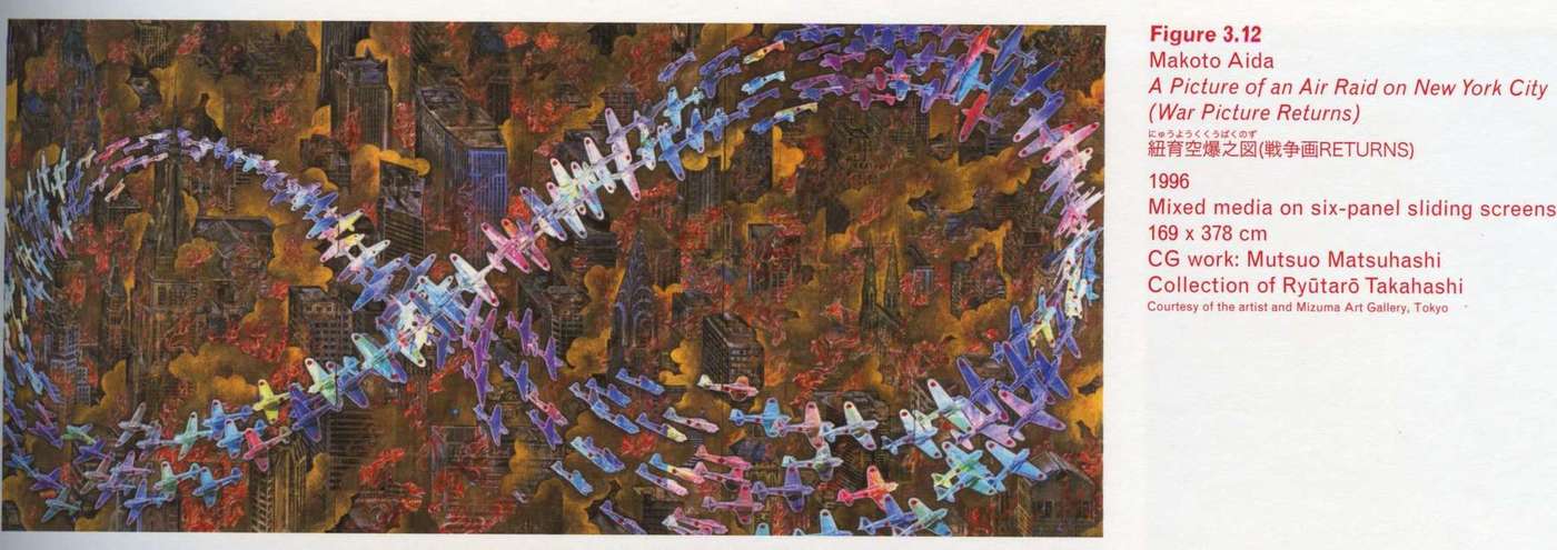 Caption right top: Makoto Aida, A Picture of an Air Raid on New York City (War Picture Returns), 199629ya, Mixed media on six-panel sliding screens, 169