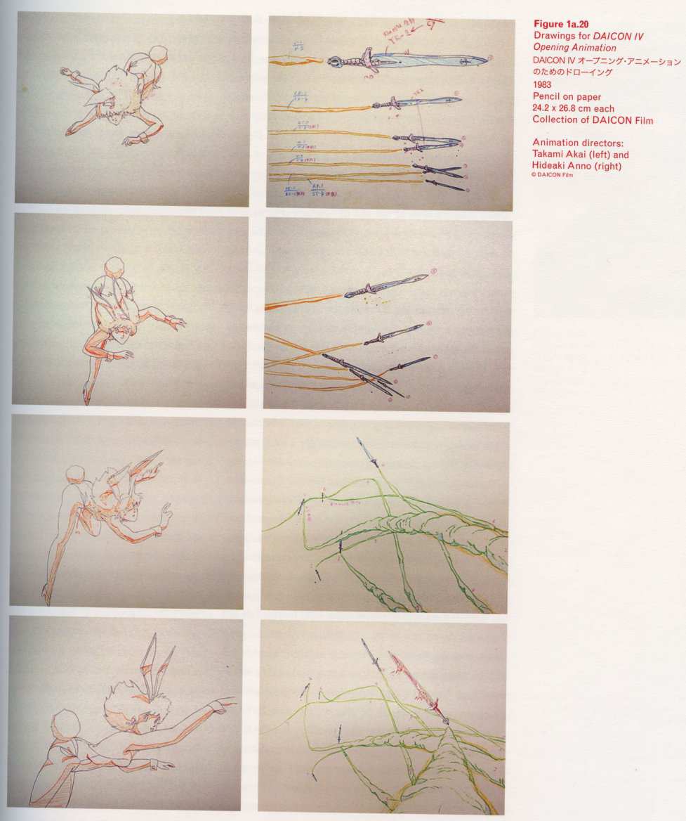 Caption left top: <span class=separator-inline>•</span> Drawings for DAICON IV Opening Animation <span class=separator-inline>•</span> Pencil on paper <span class=separator-inline>•</span> 24.2 × 26.8 cm each <span class=separator-inline>•</span> Collection of DAICON Film <span class=separator-inline>•</span> Animation directors: <span class=separator-inline>•</span> Takami Akai (left) and <span class=separator-inline>•</span> Hideaki Anno (right)