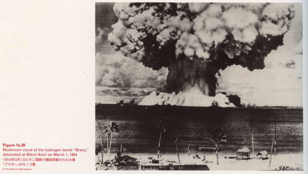 Caption bottom left: <span class=separator-inline>•</span> Figure 1a.28 <span class=separator-inline>•</span> Mushroom cloud of the hydrogen bomb “Bravo”, detonated at Bikini Atoll on March 1, 1954