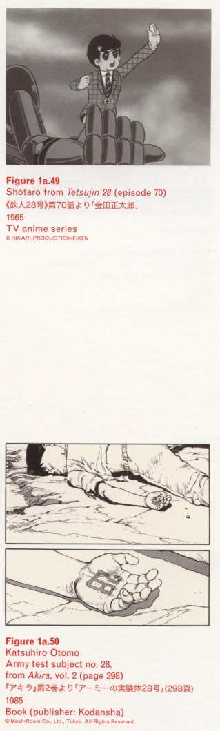Caption right top: <span class=separator-inline>•</span> Figure 1a.49 <span class=separator-inline>•</span> Shōtarō from Tetsujin 28 (episode 70) <span class=separator-inline>•</span> 196560ya <span class=separator-inline>•</span> TV anime series <span class=separator-inline>•</span> Caption right bottom: <span class=separator-inline>•</span> Figure 1a.50 <span class=separator-inline>•</span> Katsuhiro Ōtomo <span class=separator-inline>•</span> Army test subject no. 28, from Akira, vol. 2 (page 298) <span class=separator-inline>•</span> 198540ya <span class=separator-inline>•</span> Book (publisher: Kodansha)