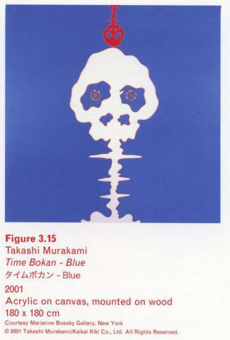 Caption left top: Takashi Murakami, Time Bokan—Blue, 200124ya, Acrylic on canvas, mounted on wood, 180