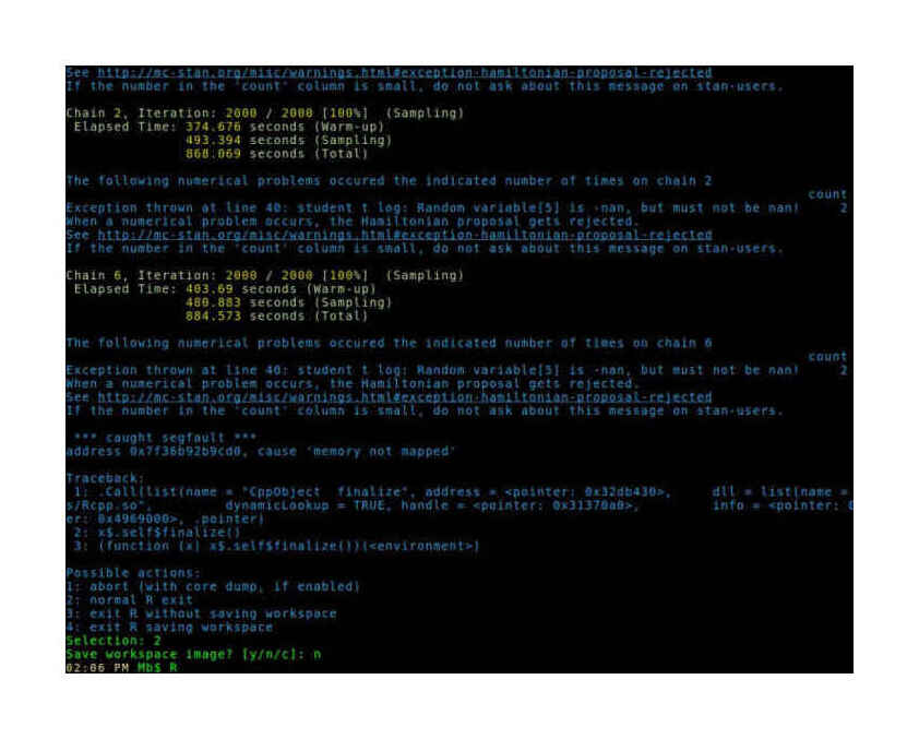 Screenshot urxvt terminal showing how Stan inside an R REPL session segfaulted after a cat walked across the keyboard. Stan segfaulting. Somehow.
