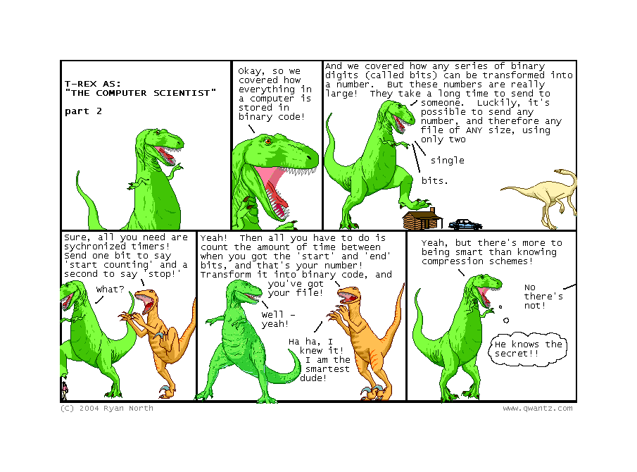 https://qwantz.com/index.php?comic=354 “Yeah, but there’s more to being smart than knowing compression schemes!” “No there’s not!” “Shoot—he knows the secret!!” –Ryan North