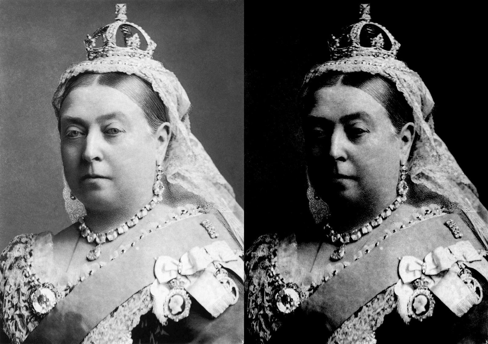 Same pair of photographs as before, but now with the second one faded/grayscaled, and still visually legible while being dark-mode compatible. Much better.