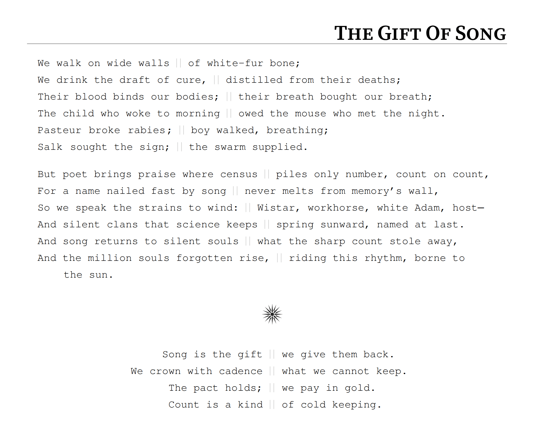 'CSS demo of vertically aligned alliterative verse in the poem ‘Apollonian #1: The Counted & the Crowned’', Gwern 2026 Screenshot of the ending of “Apollonian #1”, demonstrating syntax highlighting of caesura mark and the potential for vertical centering around the caesura mark to beautifully align alliterative half-lines.
