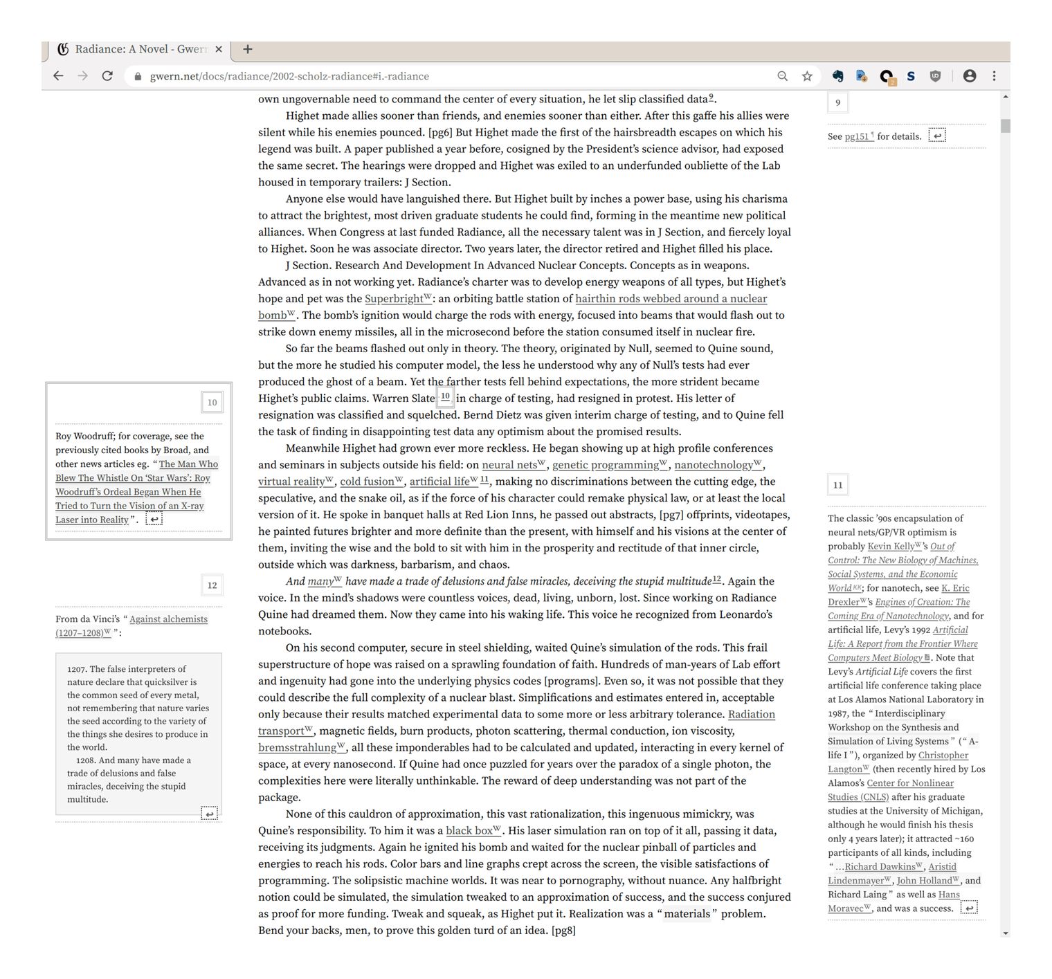 Demonstration of sidenotes.js handling multiple large dense endnote annotations on Radiance.