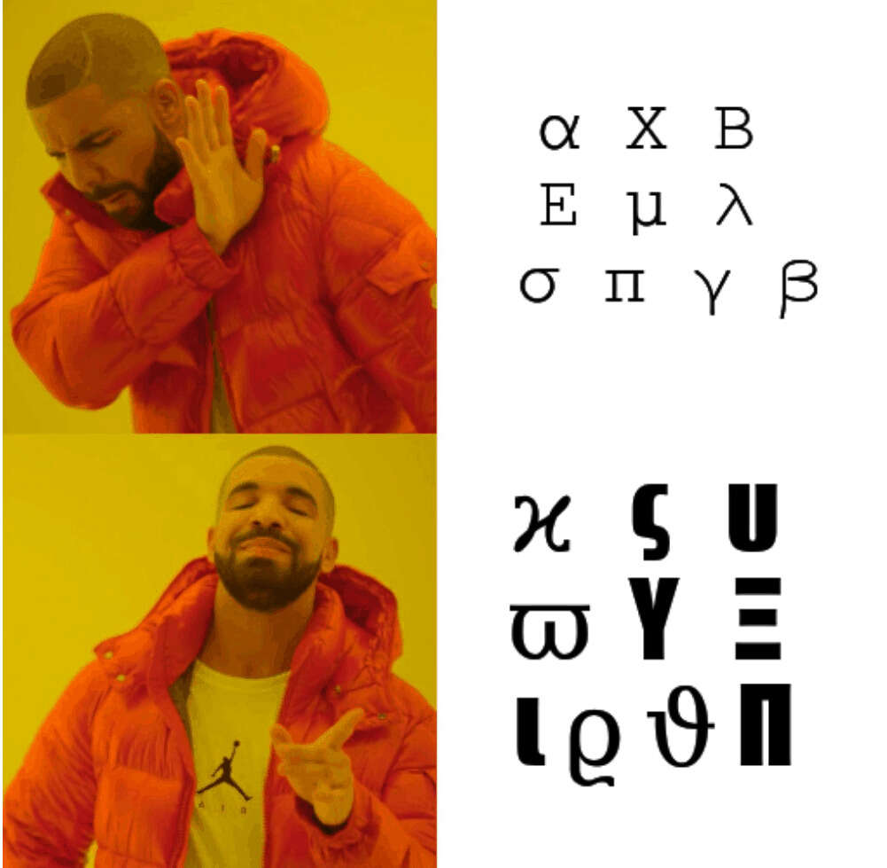 Drake meme expressing disgust with the overused variables α/X/Β/Ε/μ/λ/σ/π/γ/β, and pleasure with the suggested novel variables ϰ/ς/υ/ϖ/Υ/Ξ/ι/ϱ/ϑ/Π. Results.