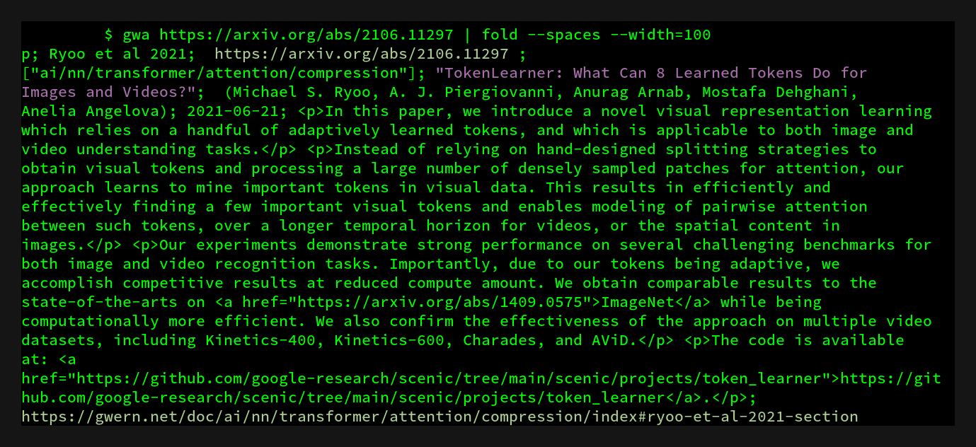 Example of querying annotations in Bash, showing syntax highlighting, shortcuts like a full Gwern.net URL to view the annotation, tags, which YAML file database it’s in, etc.