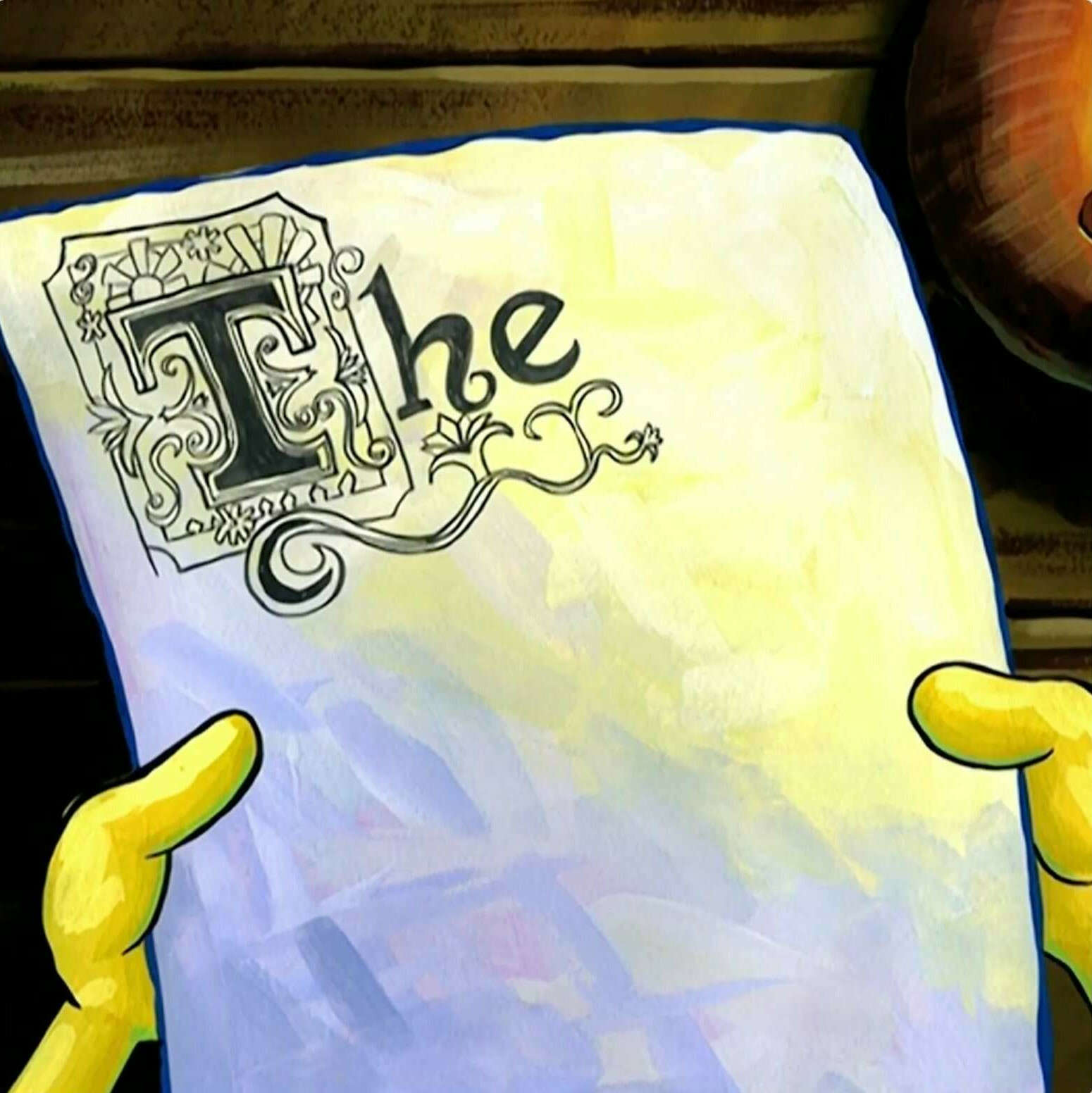 Screenshot of <em>SpongeBob SquarePants</em>, 'Procrastination' episode (season 2, episode 37): Spongebob has spent hours writing a fancy calligraphic dropcap of the word 'the', and failed to write the rest of his 800-word homework essay on 'what not to do at a spotlight', illustrating the dangers for a writer of yakshaving & typographic design. Time well-spent.