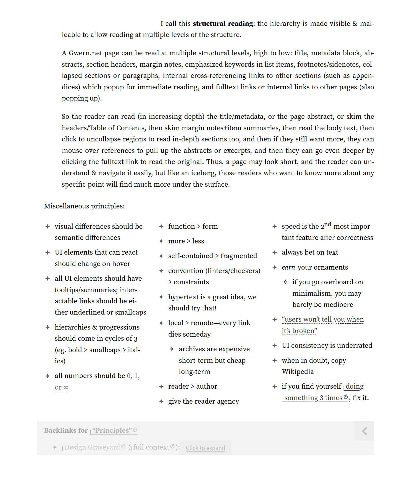 The section which contains the semantic zoom ID also includes the backlink for “semantic zoom” links, which the reader can uncollapse to read.