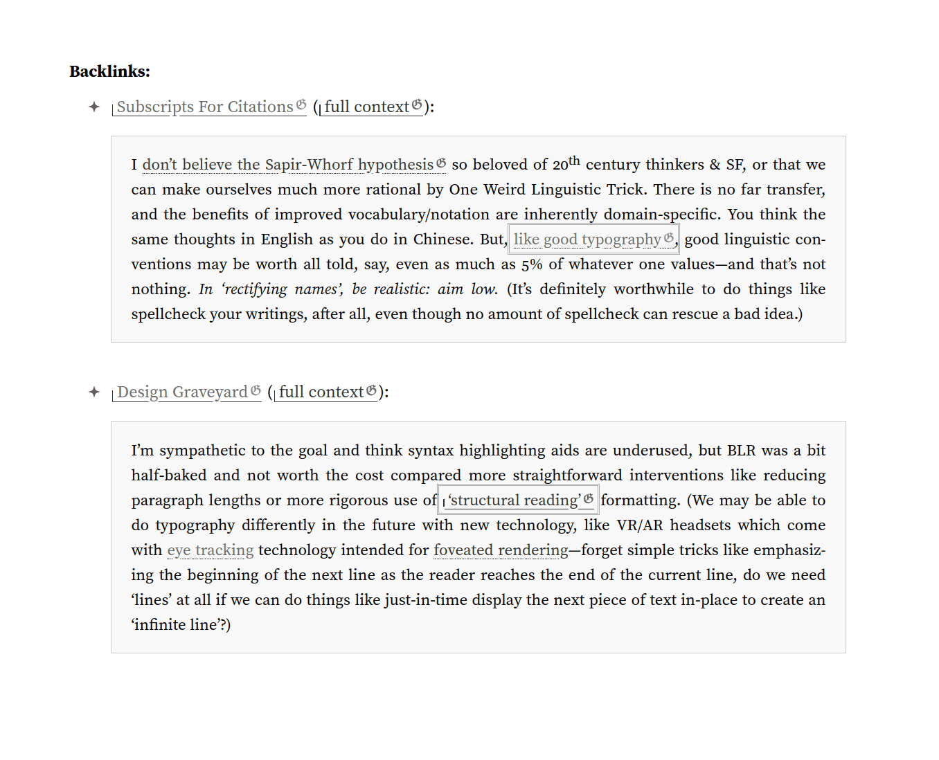 eg. for this page, one can see allusion to the “semantic zoom” neologism as a more useful design concept, or a justification of dabbling in typographic novelties like subscript notation (another example).