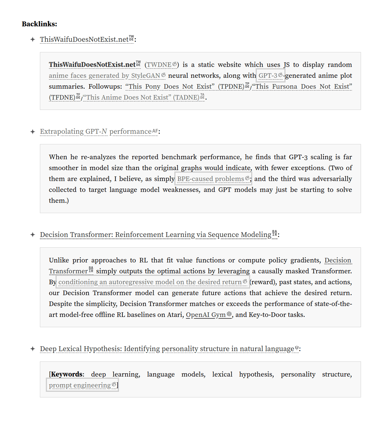 The GPT-3 page’s backlinks, showing backlinks from research articles which have annotations linking to it, and not just top-level pages (another example).