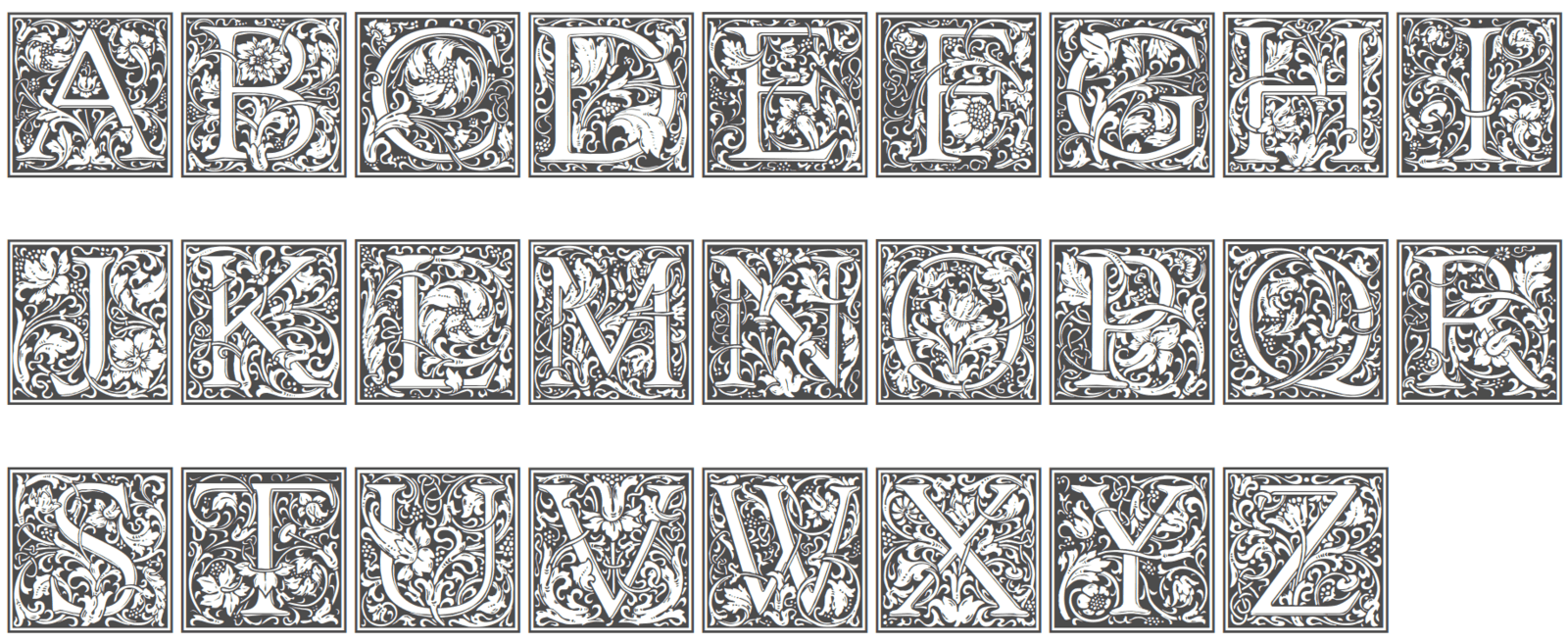 Goudy Initialen (test) is one of the most famous dropcap sets around, and one you’ve seen before, as it is the paradigmatic Art Deco/Arts & Crafts medieval-floral initial set.