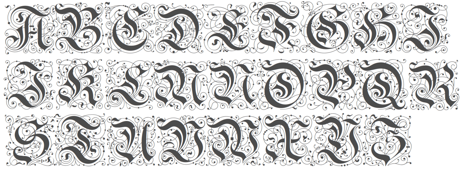 yinit (CTAN; test) is a hardcore old German blackletter fraktur font, with heavy emphasis on intricate calligraphic decoration.