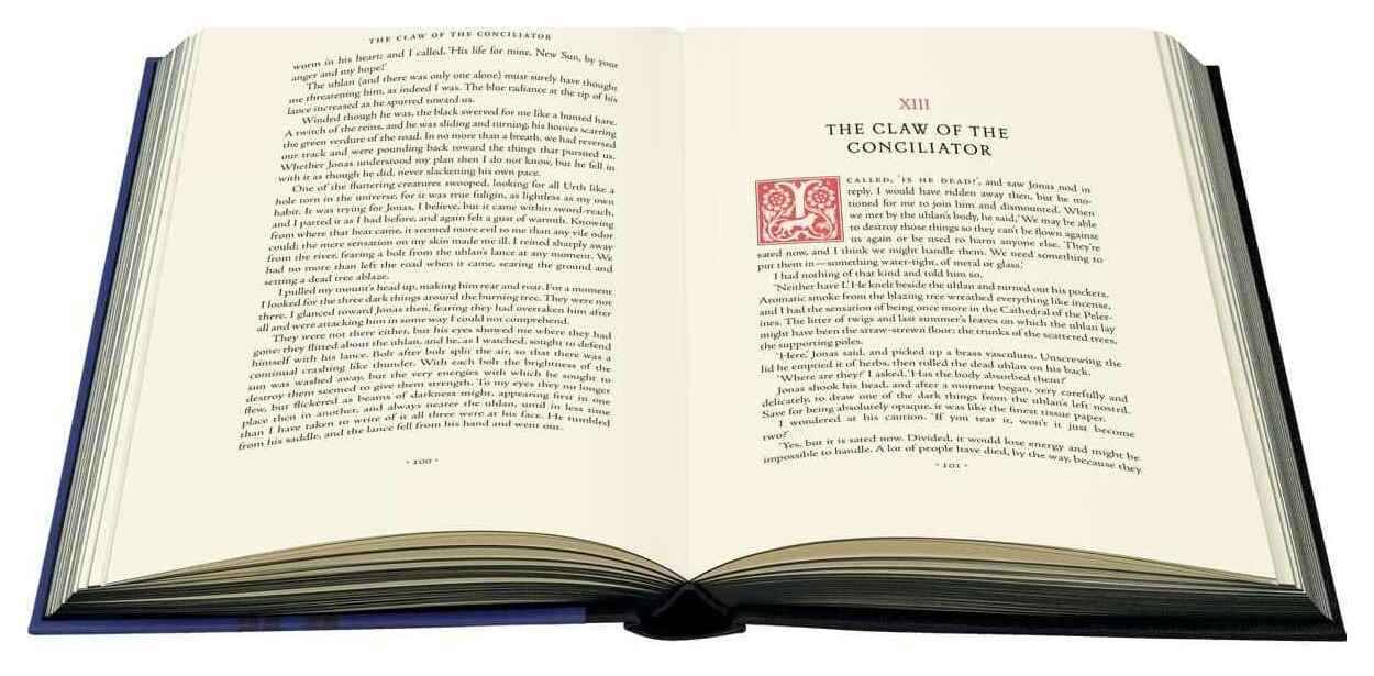 Rubricated dropcap (custom variant by Sam Weber likely based on Petit Fleur) on pg101, chapter 13 of The Claw of the Conciliator, Gene Wolfe, 2019 Folio Society limited edition