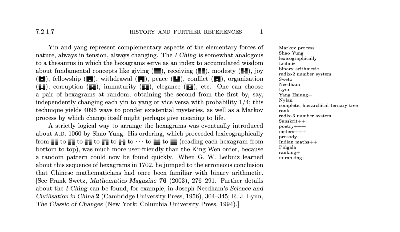 Margin notes showing keywords for discussion of Chinese/Indian algorithmic history in Knuth.