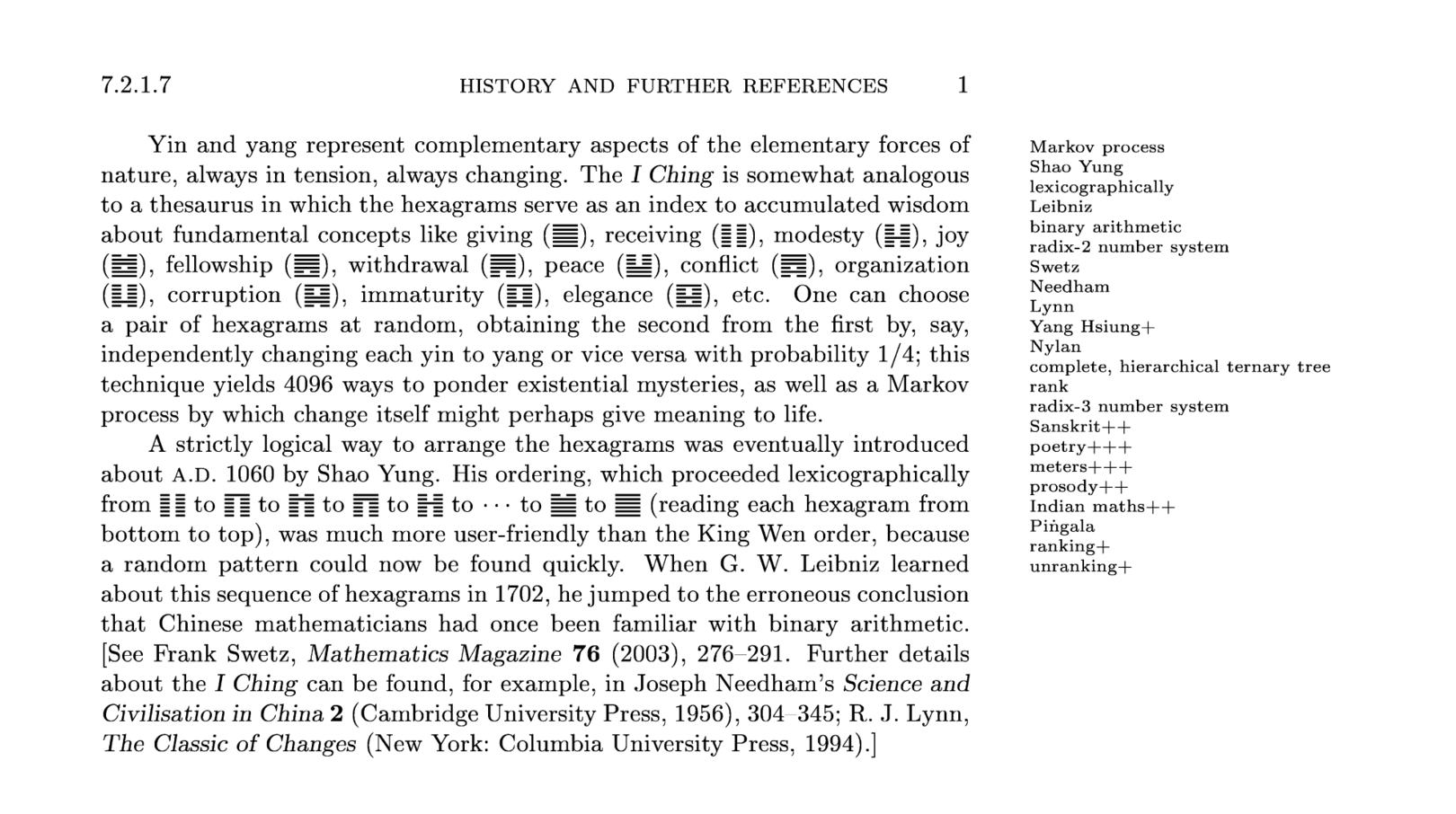 Margin notes showing keywords for discussion of Chinese/Indian algorithmic history in Knuth.