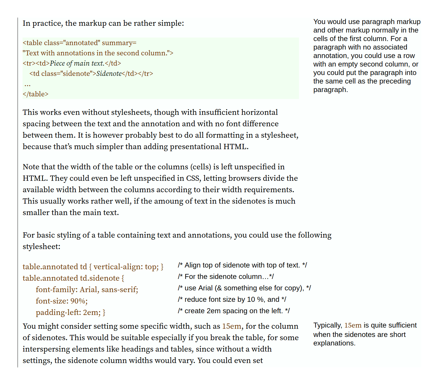 Sidenotes via 2-column HTML tables.