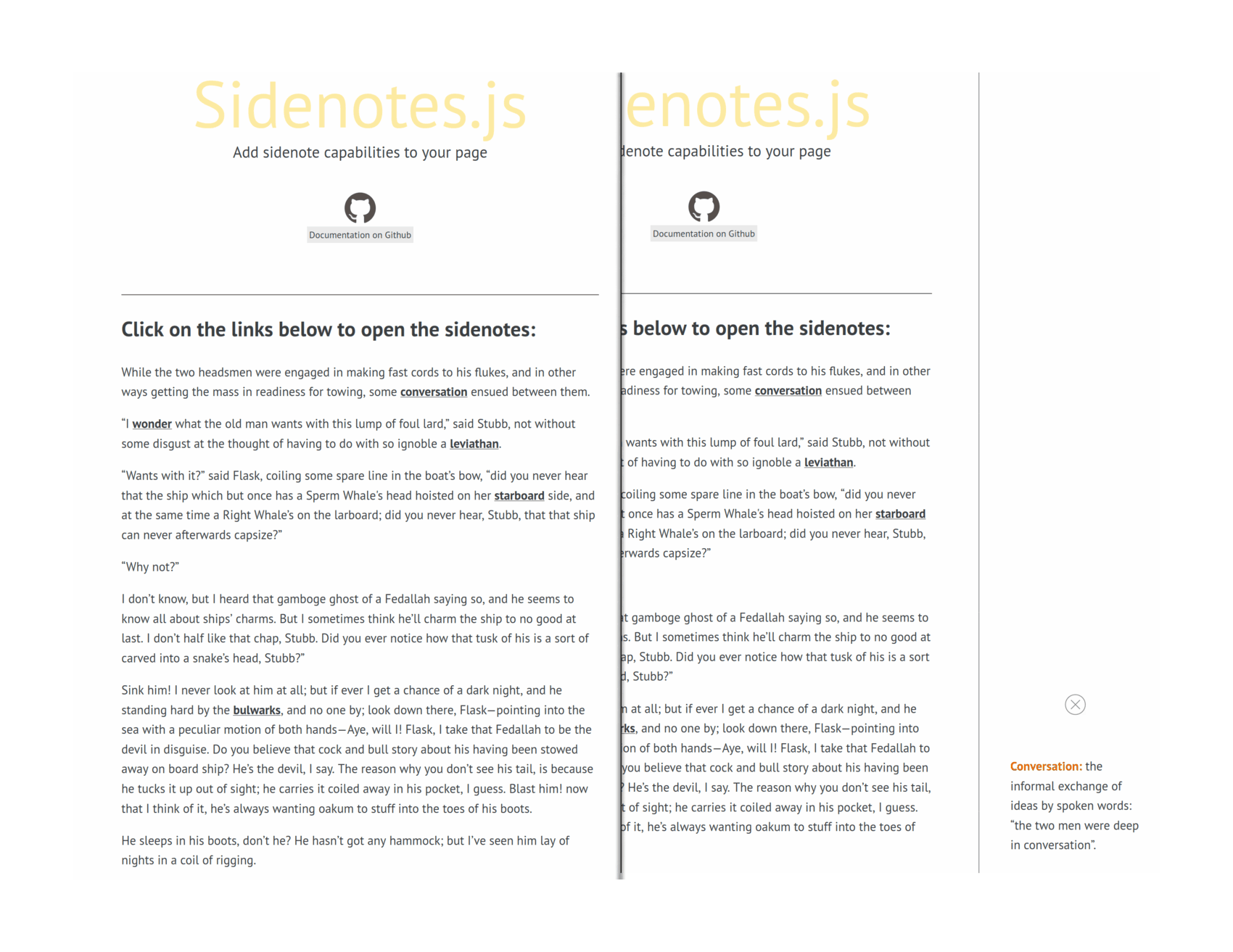 Sidenotes.js, before/after clicking on an annotated link (desktop)