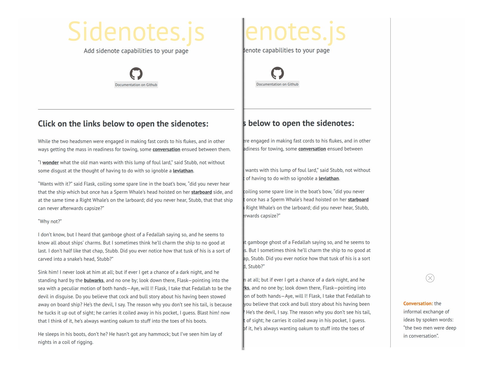 Sidenotes.js, before/after clicking on an annotated link (desktop)