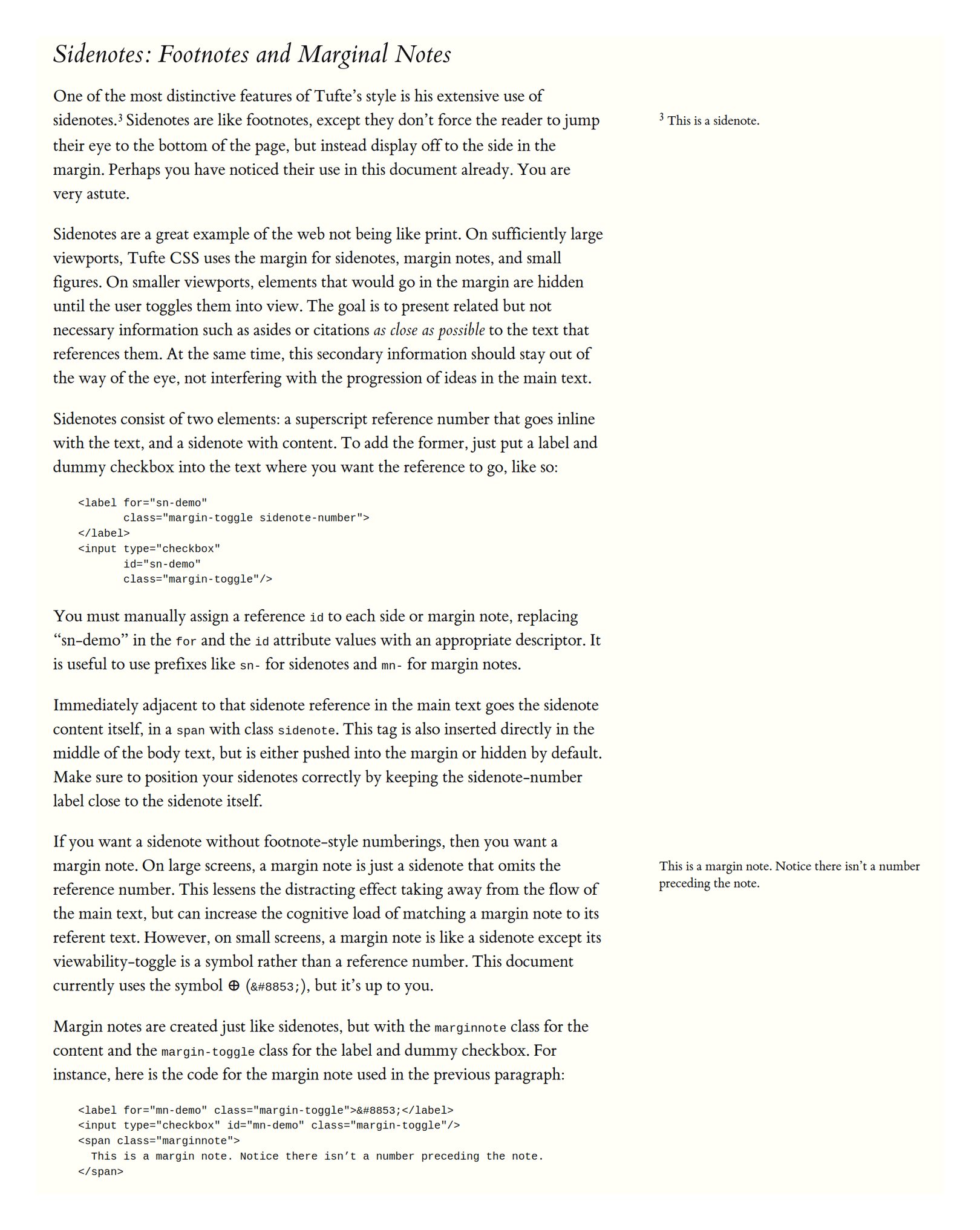 Tufte-CSS’s section on sidenotes/margin notes, demonstrating sidenotes/margin notes (default desktop appearance).