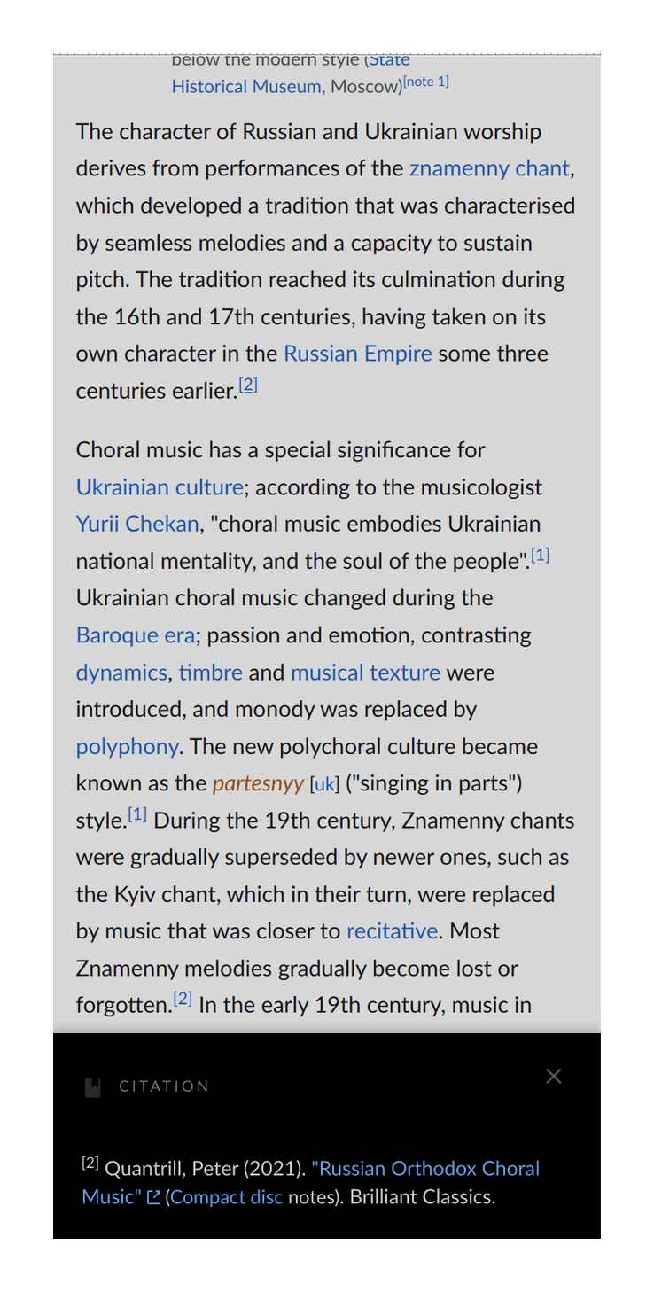 Screenshot of Artemy Vedel WP article after tapping a footnote in a mobile browser, showing a faded body and a highlighted footnote section which has ‘slid up’; this shows the footnote text (usually a brief citation) without shifting the overall layout or being too small to read.