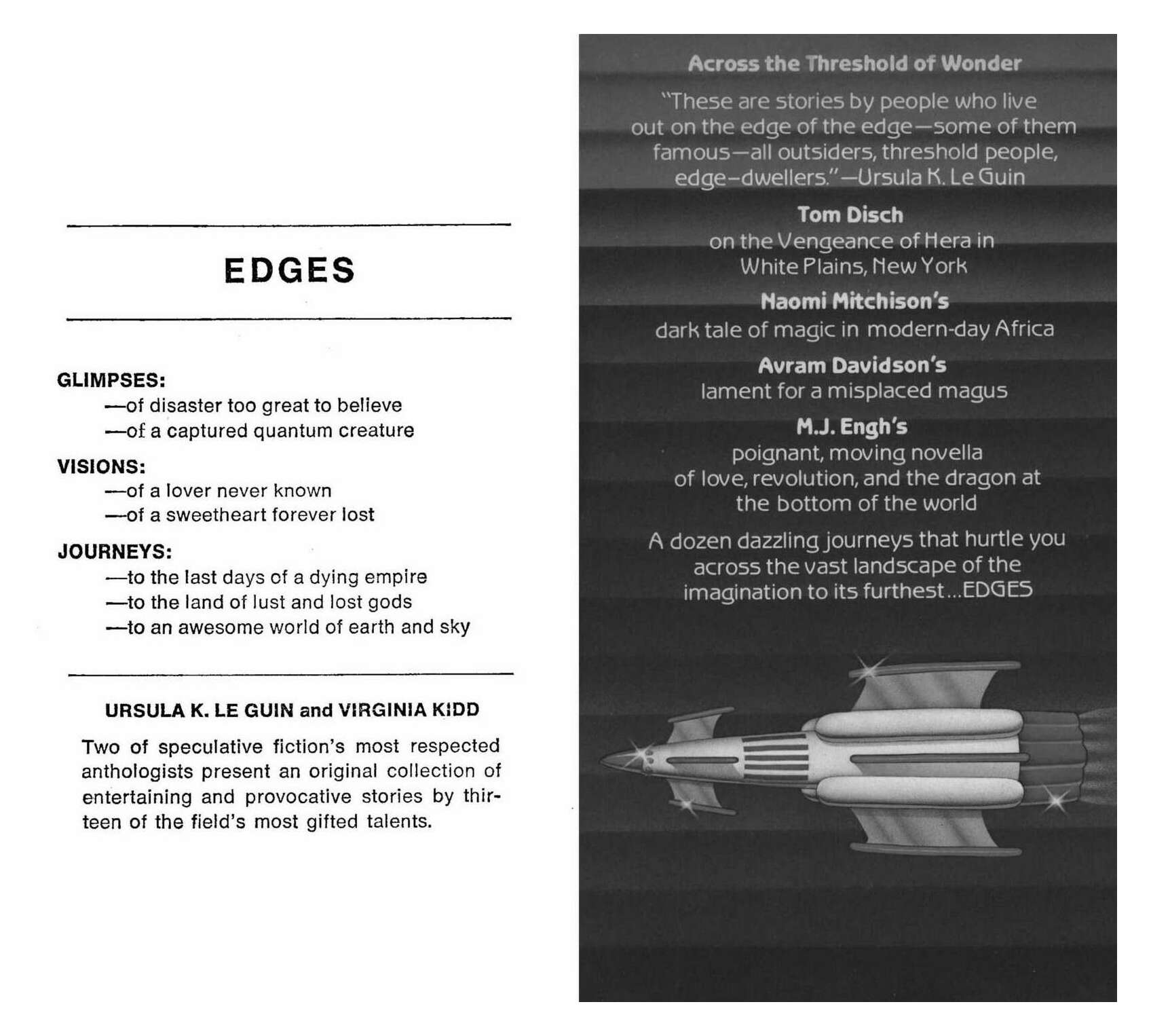 The front & back book cover pages of Edges which opaquely describe each of the 13 stories (identified below).