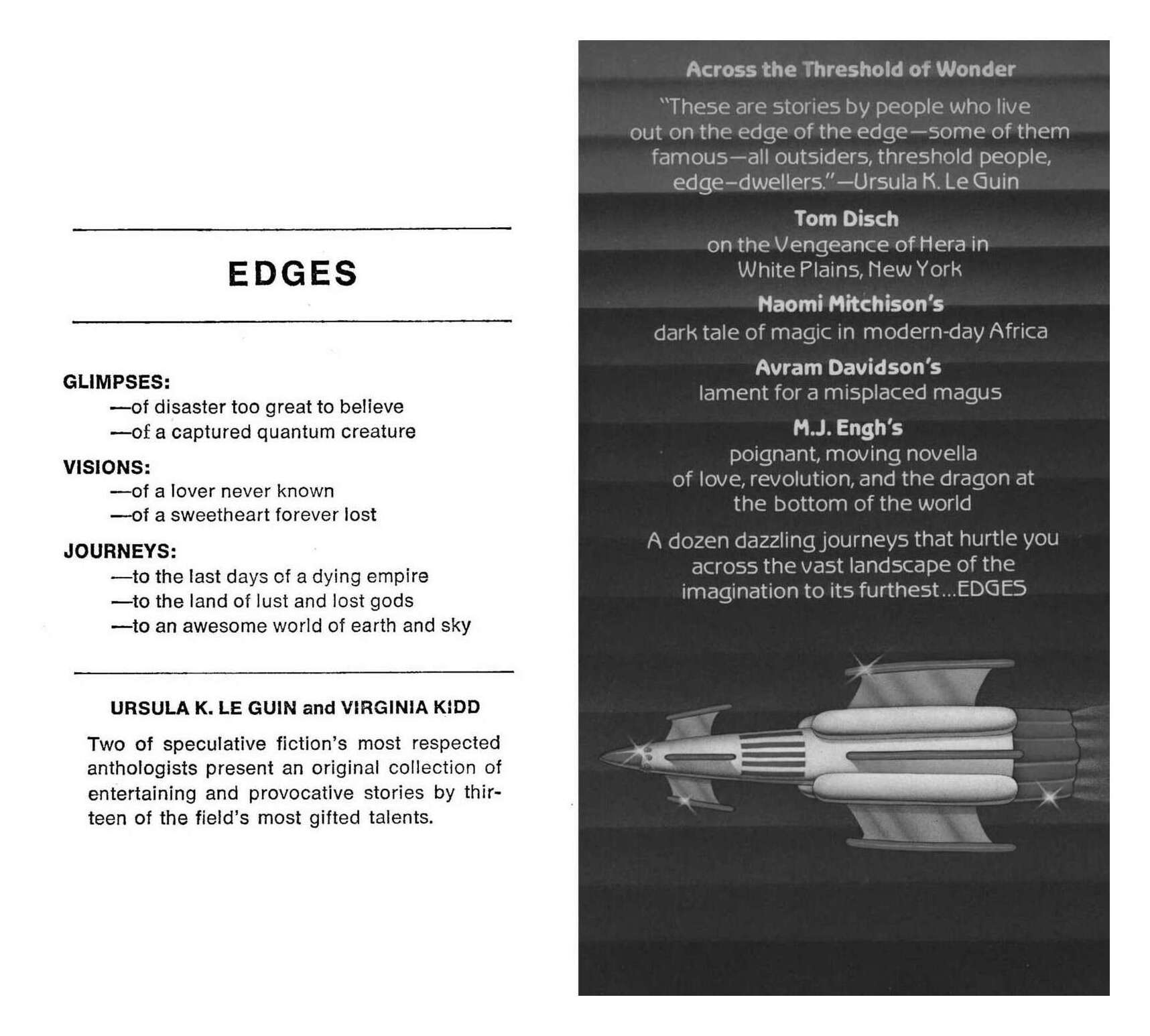 The front & back book cover pages of Edges which opaquely describe each of the 13 stories (identified below).