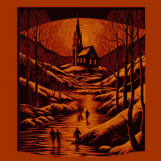 Illustrative art for my <em>Dracula</em> interpretation of Gene Wolfe’s “Suzanne Delage”: a New England town at sunset with unsuspecting children skating on the ice, a helpless Protestant church in the background; abstract German Expressionist-style faded-red linocut print illustration. Generated by Gwern Branwen using Midjourney v5 2023-10-28 (full prompt: “German Expressionist linocut of Bram Stoker's Dracula, set in 1920s New England, looming over a picturesque small Massachusetts town, montage, children skating in frozen pond, high school, monochrome, vector, outline, linocut, church, ambiguous, subtle”). Full-size orange-black color image: </doc/fiction/gene-wolfe/suzanne-delage/2023-10-28-gwern-midjourneyv5-germanexpressionistlinocutofsinisternewenglandtowninwinter.jpg>.