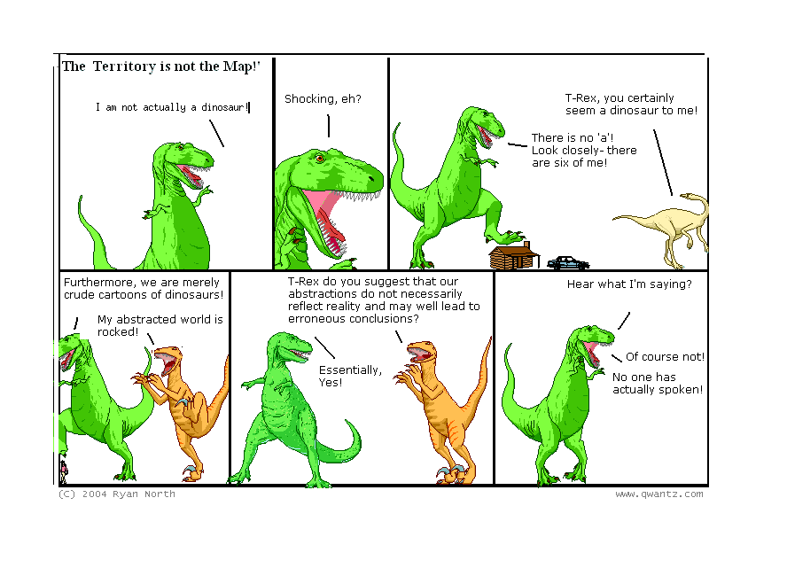 The Territory is not the Map! / I am not actually a dinosaur! // Shocking, eh? // T-Rex, you certainly seem like a dinosaur to me! / There is no ‘a’! Look closely—there are six of me! // Furthermore, we are merely crude cartoons of dinosaurs! / My abstracted world is rocked! // T-Rex, do you suggest that our abstractions do not necessarily reflect reality and may well lead to erroneous conclusions? / Essentially, yes! // Hear what I’m saying? / Of course not! No one has actually spoken!