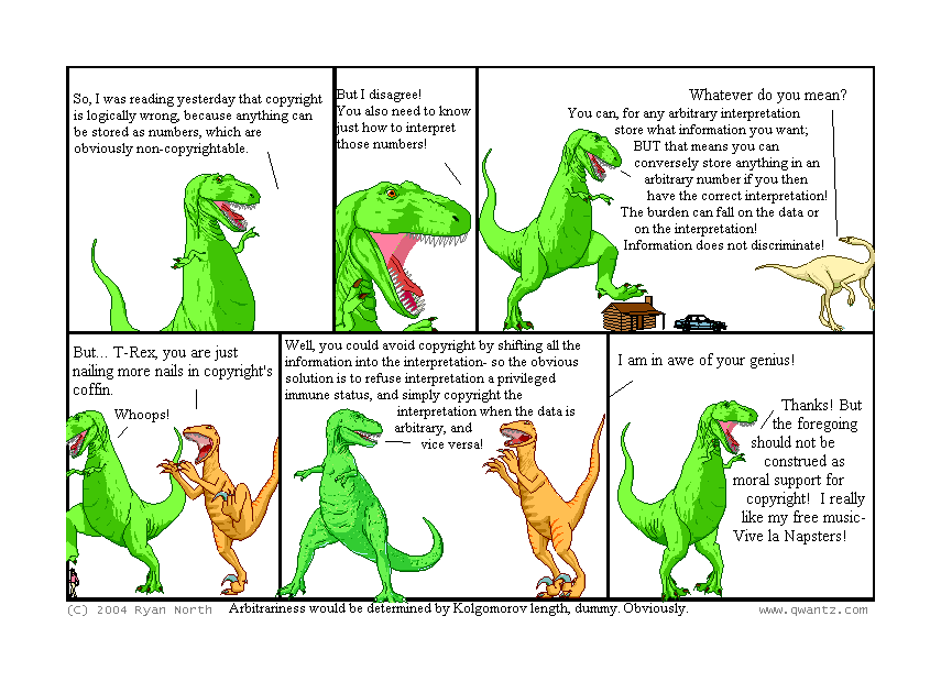 So, I was reading yesterday that copyright is logically wrong because anything can be stored as numbers, which are obviously non-copyrightable. // But I disagree! You also need to know just how to interpret those numbers! // Whatever do you mean? / You can, for any arbitrary interpretation, store what information you want; but that means you can conversely store anything in an arbitrary number if you have the correct interpretation! The burden can fall on the data or on the interpretation! Information does not discriminate! // But… T-Rex, you are just nailing more nails into copyright’s coffin. / Whoops! // Well, you could avoid copyright by shifting all the information into the interpretation—so the obvious solution is to refuse interpretation a privilege immune state, an simply copyright the interpretation when the data is arbitrary, and vice-versa! // I am in awe of your genius! / Thanks! But the foregoing should not be construed as moral support for copyright! I really like my free music—Vive le Napsters! // (Arbitrariness would be determine by Kolmogorov length, dummy. Obviously.)