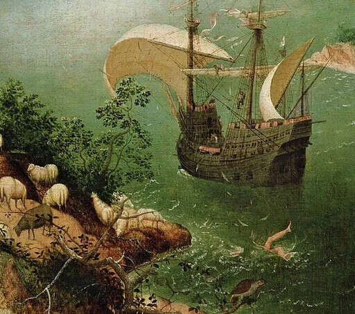 Landscape with the Fall of Icarus Icarus falls into the water unnoticed in the lower-right.